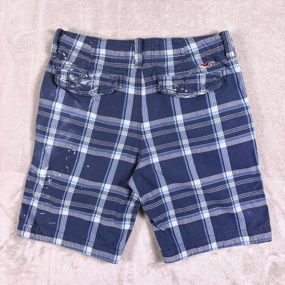 Hollister California Men's Plaid Shorts 33‎ W36 Blue Button Fly Paint Splatter